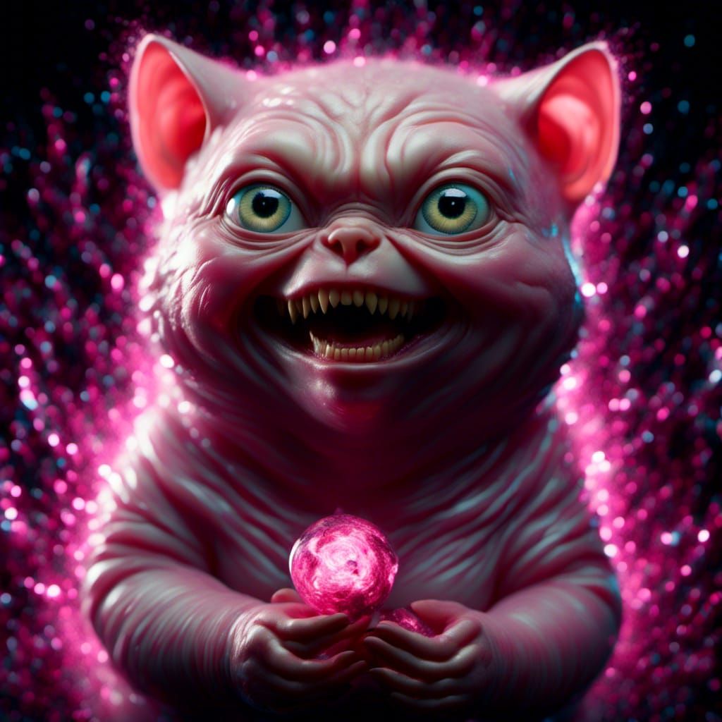Glowing Portrait of Excited Pink Gollum Kitten