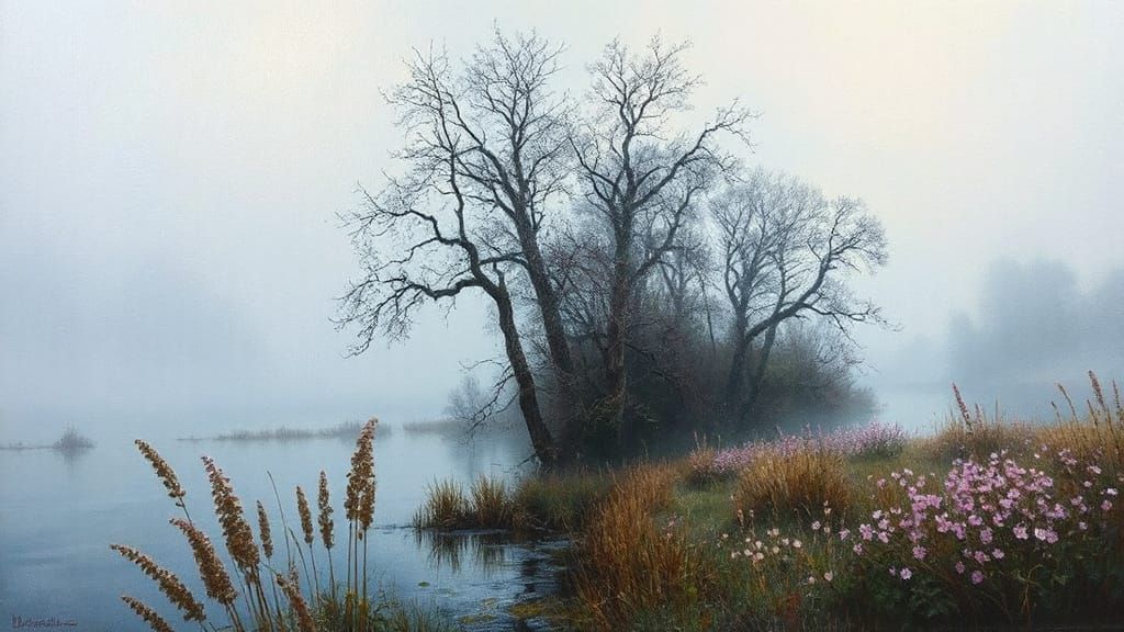 spring landscape in fog