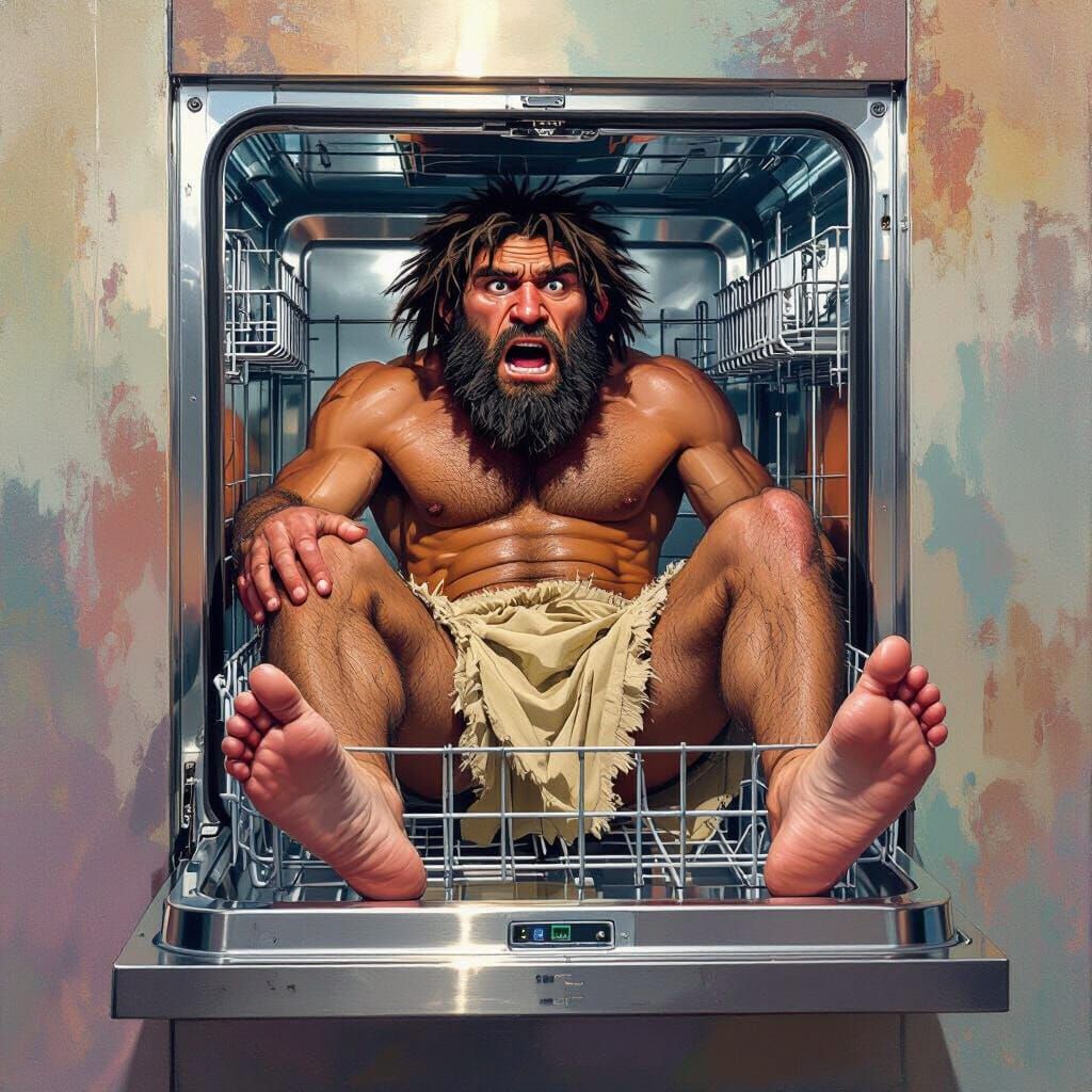 Startled Neanderthal Comically Trapped in Dishwasher
