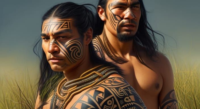 Māori Warriors' War Stance: Hyperdetailed Concept Art
