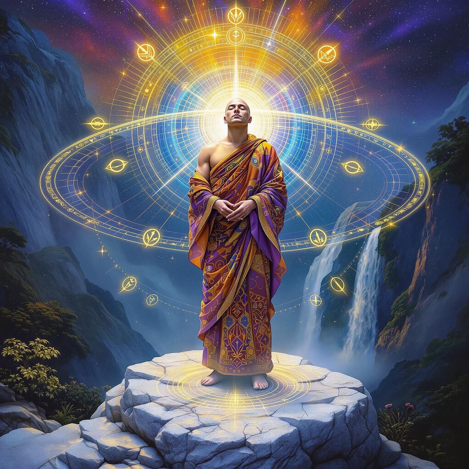 Monk Meditating Surrounded by Holographic Glyphs