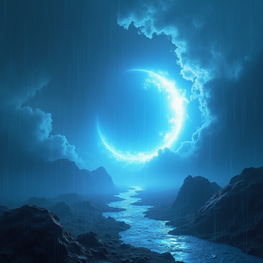 Surreal Landscape with Swirling Rain and Metallic Light