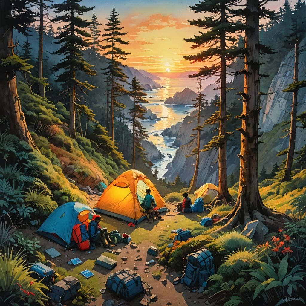 Pacific Coast Trail Sunset: Watercolour Masterpiece