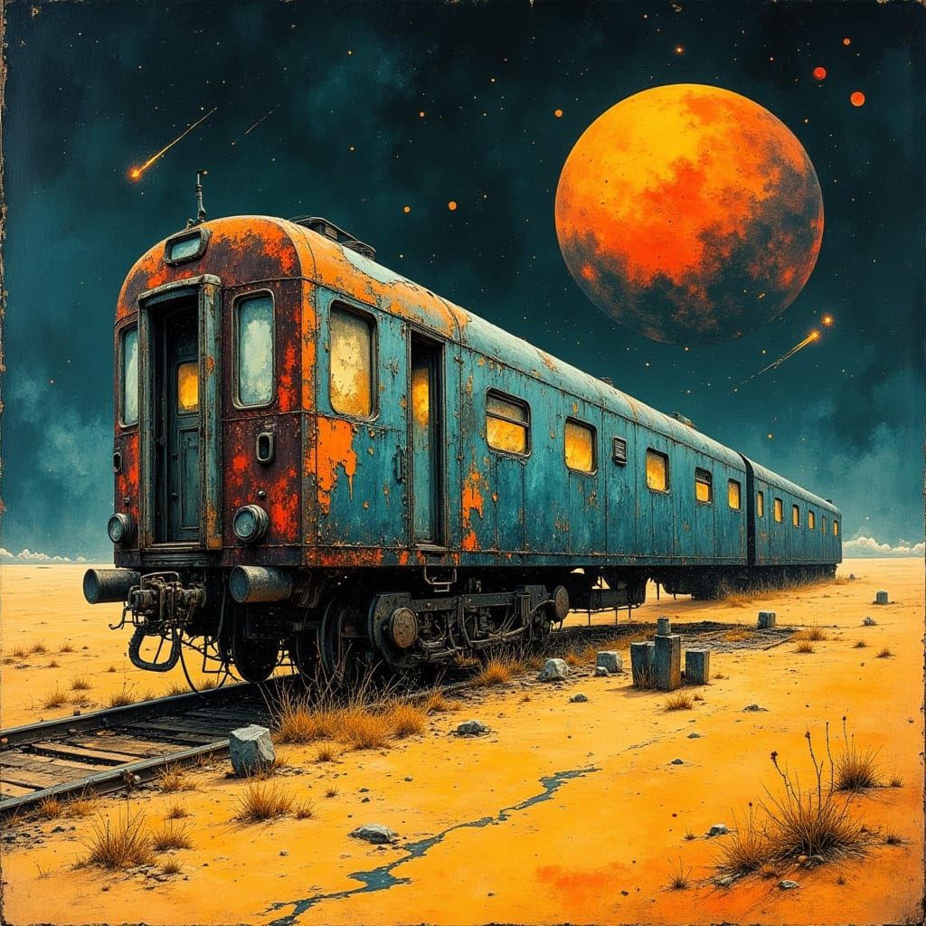 Ethereal Train Wreck Under Blood Moon