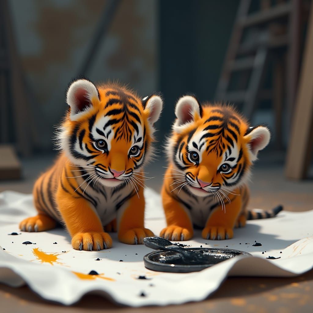 Fluffy Tiger Cubs Playing: Detailed Matte Painting