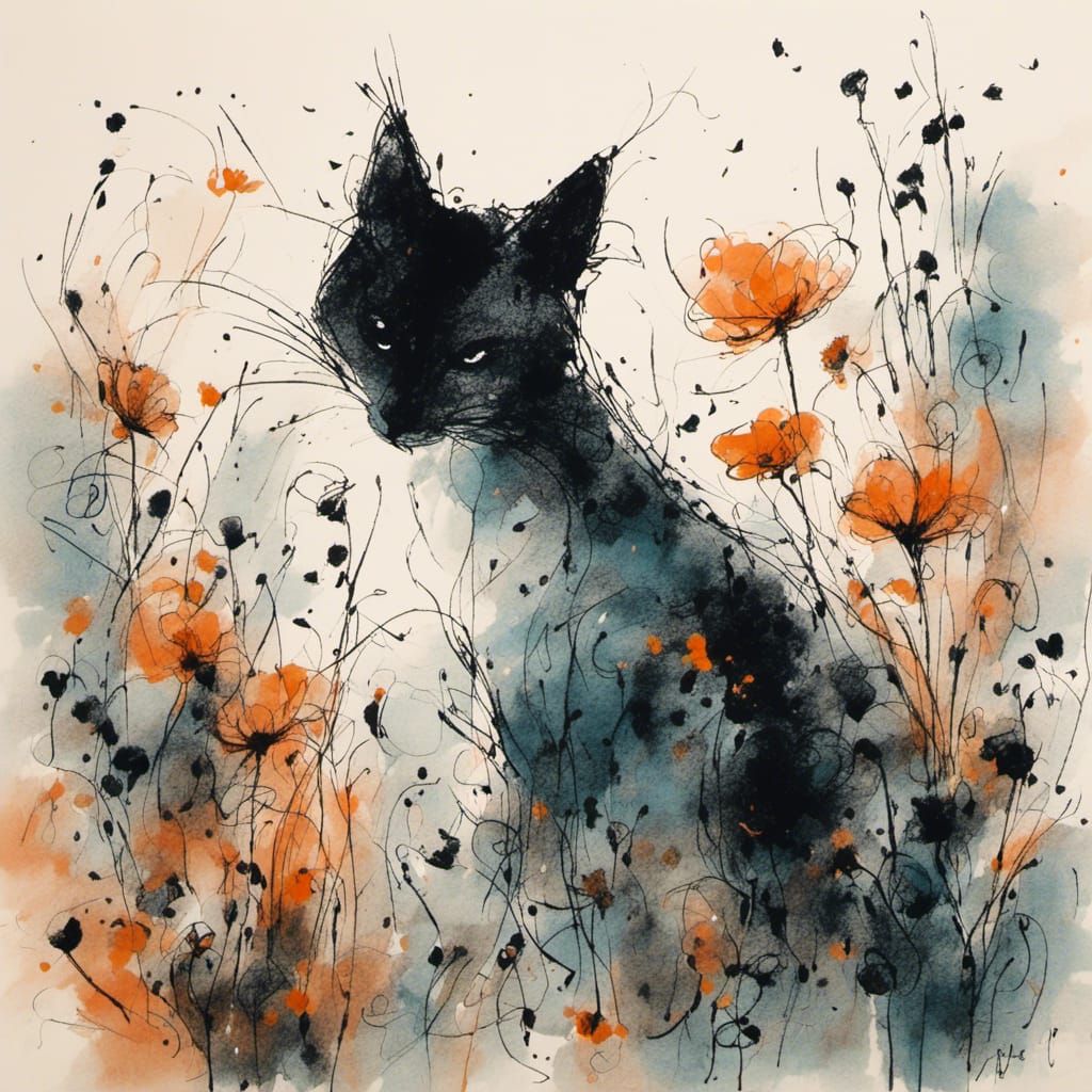 Minimalist Ink Cat in Garden Scribbles