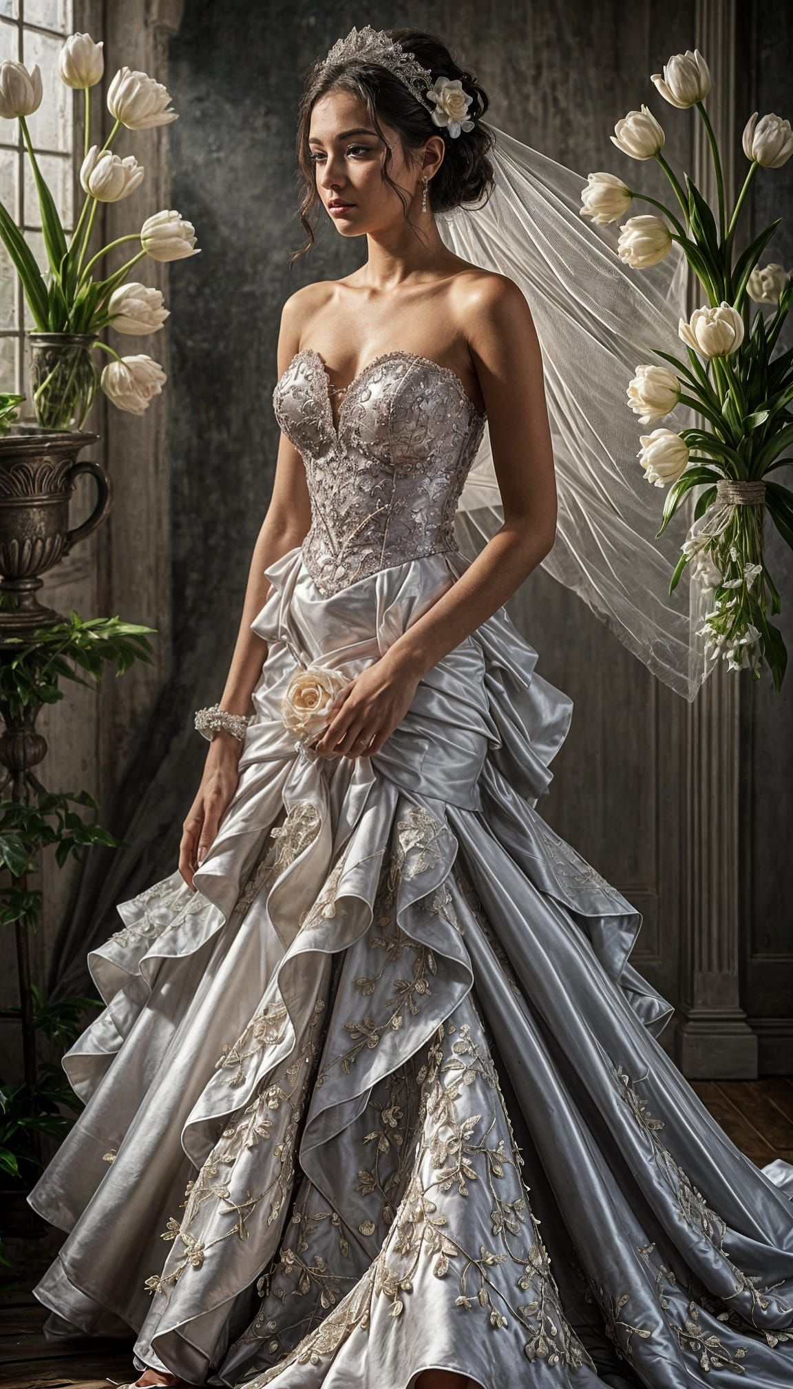 Mexican Bride in Ruffled Wedding Dress, Hyperrealistic