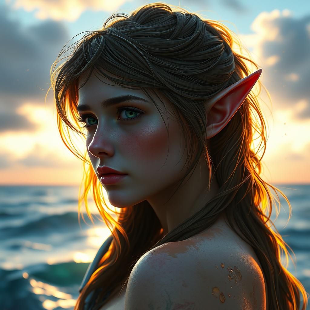 Elf Girl Ocean Gaze: Hyperdetailed Portrait