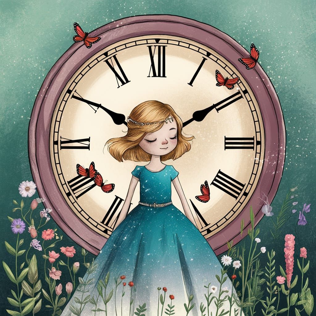 Dreamlike Girl with Clock in Whimsical Illustration