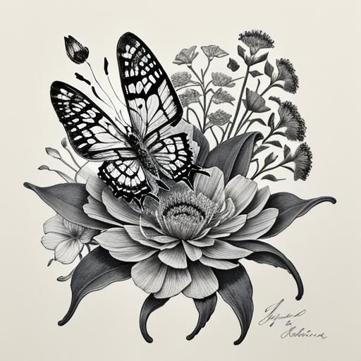 Detailed Botanical Ink Drawing of Flowers and Moths