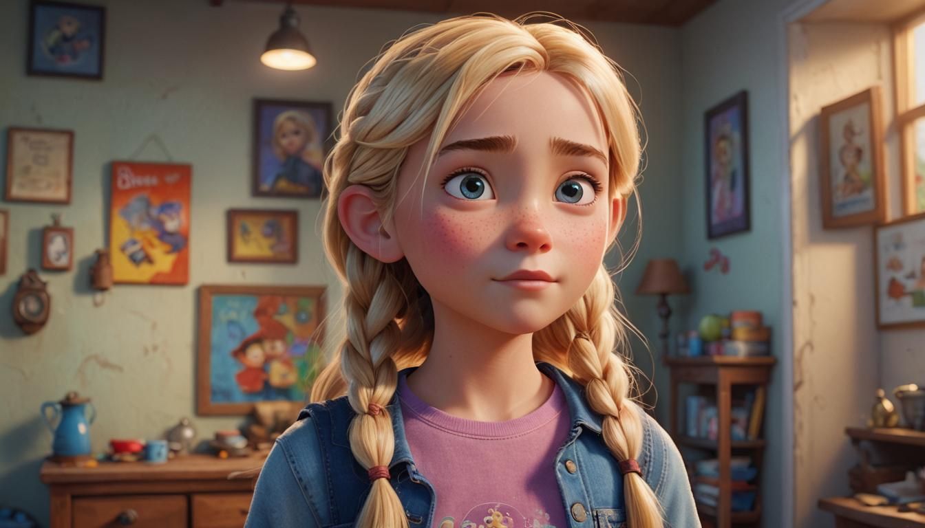 Blond Girl in House as Pixar-Style 3D Art