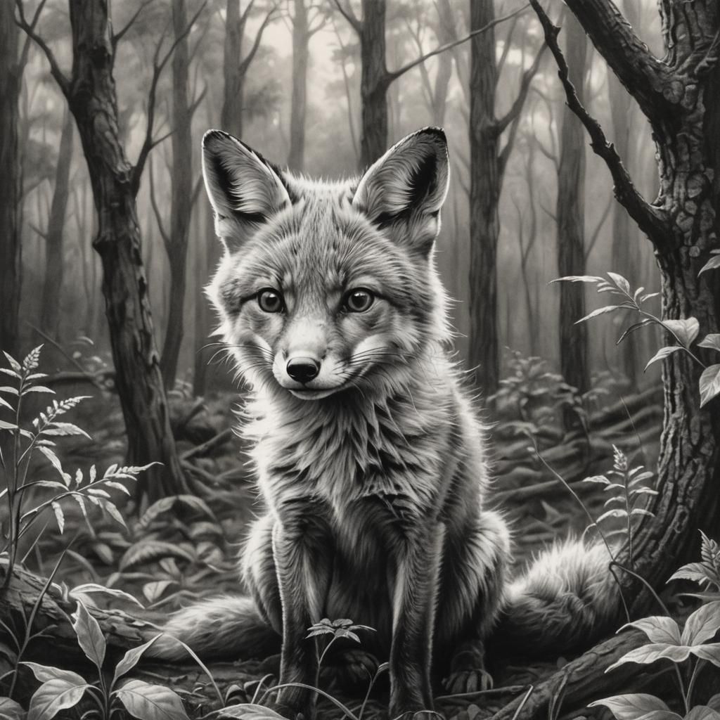 Detailed Charcoal Drawing of a Cute Fox