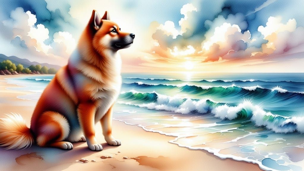 Introspective Dog on Beach as Mixed Media Art