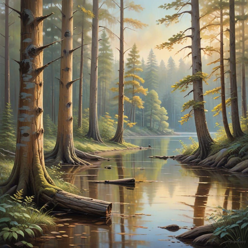 Serene Forest Landscape with Happy Little Trees