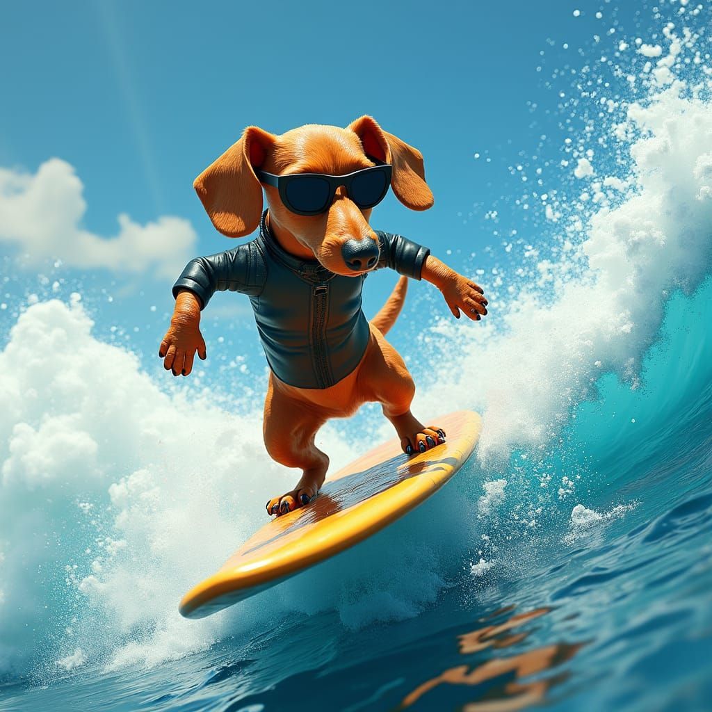 Dachshund Kickflip on Surfboard in Dreamlike Ocean