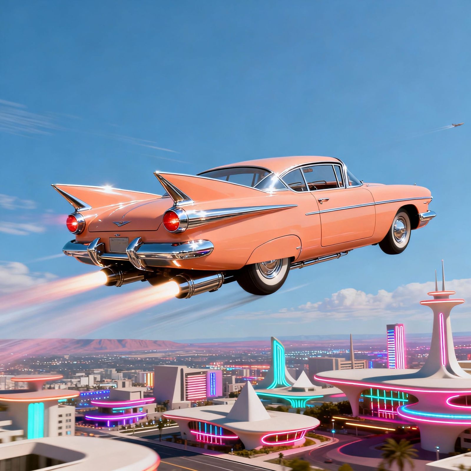 Retro Futuristic Pastel Orange Car Flying Over Googie City