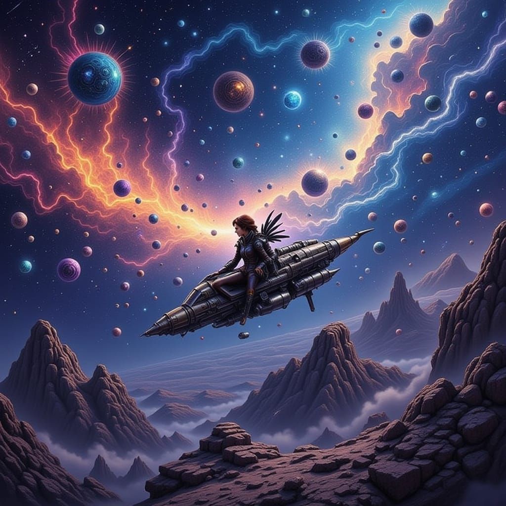 Cosmic Steampunk Traveler Soaring Through Starfield