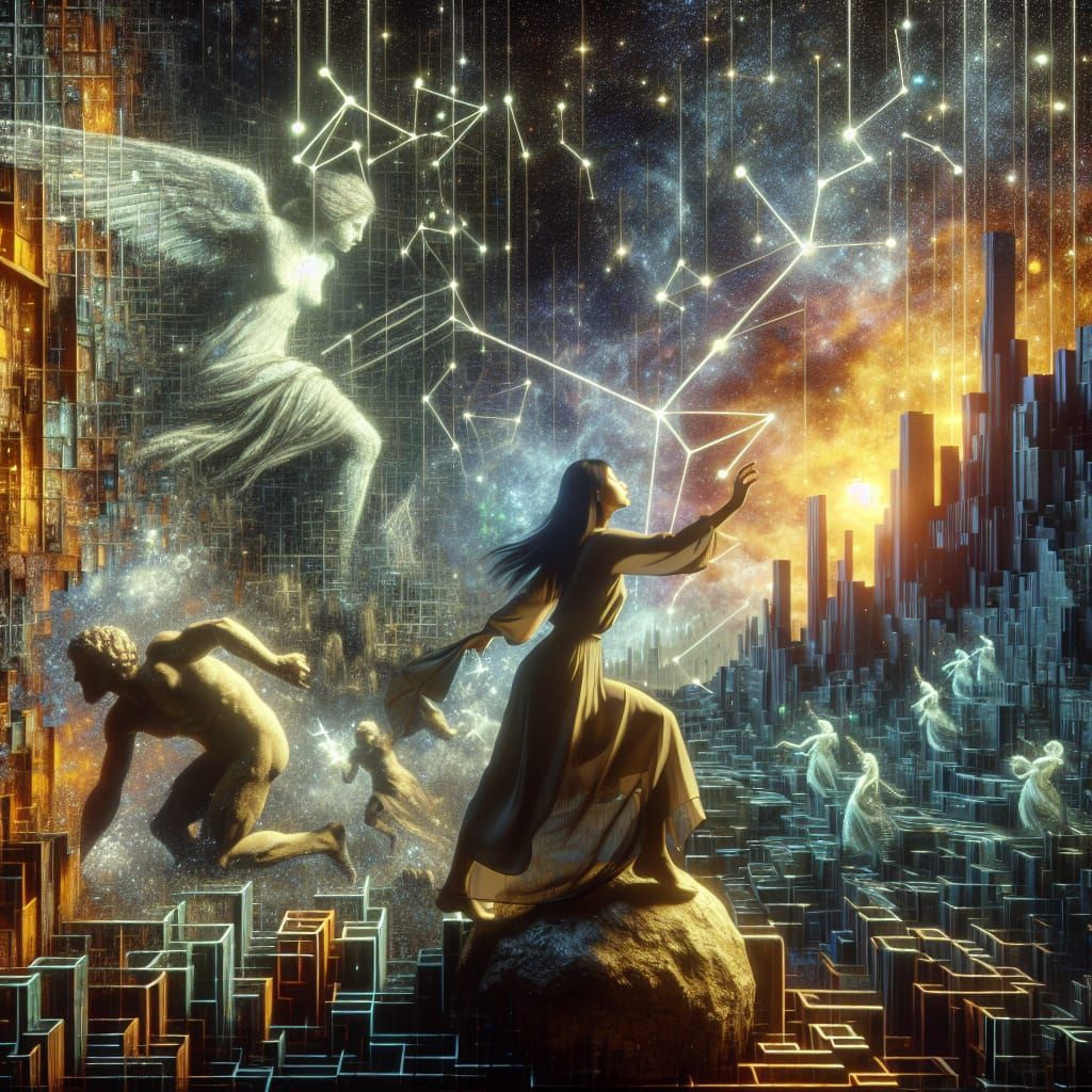 Surreal Digital World: Woman Battles Sisyphus' Boulder