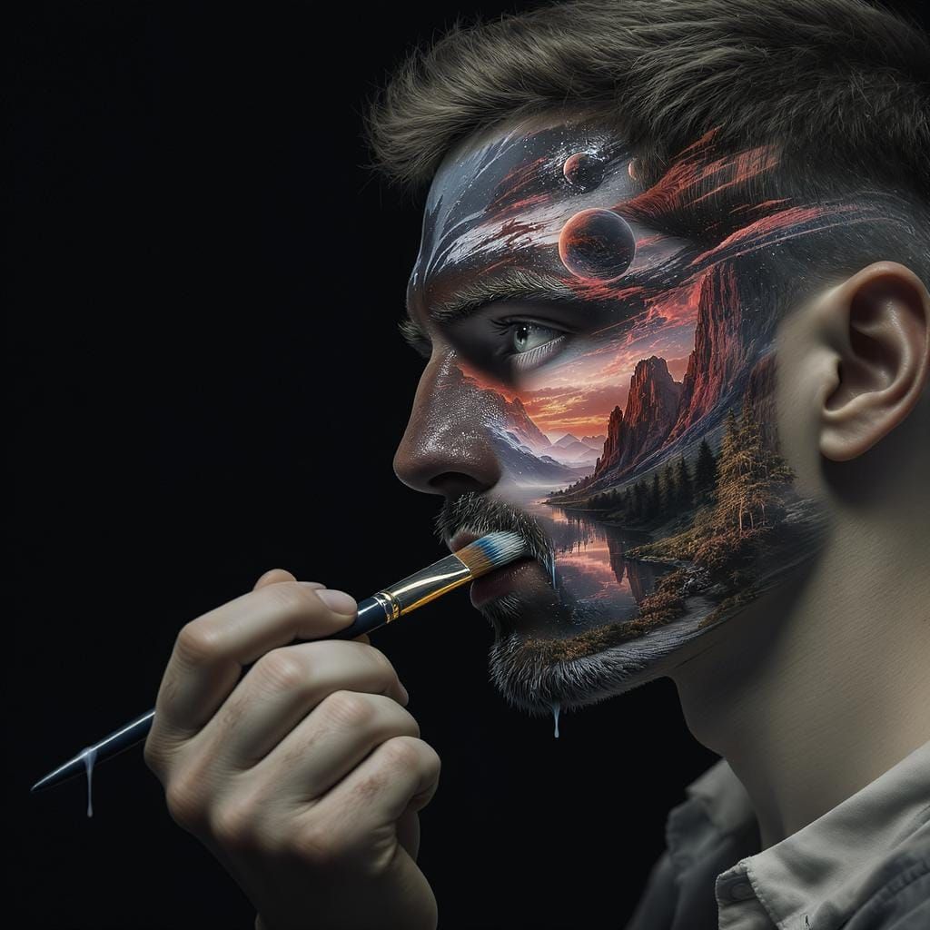 Man Paints Forest Path Double Exposure