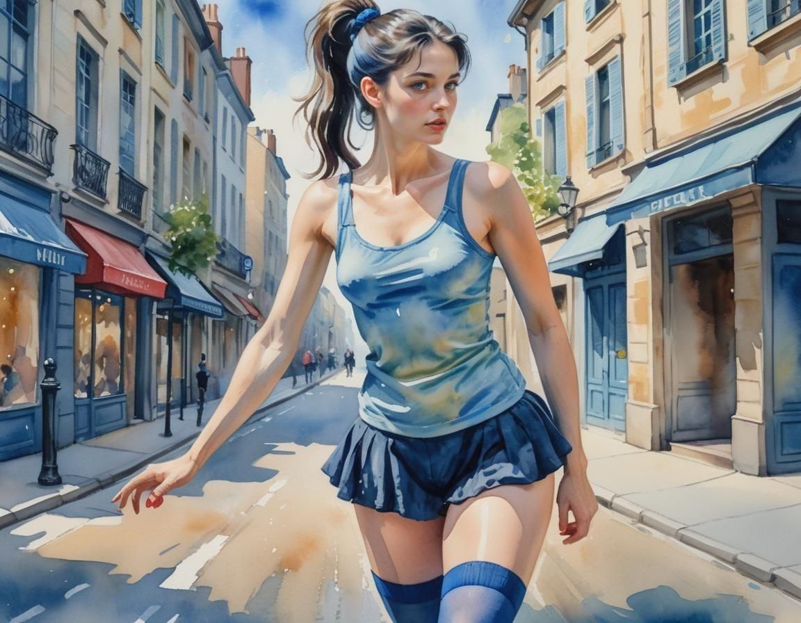 French Woman in Blue Stockings: Gouache Impressionist Painti...