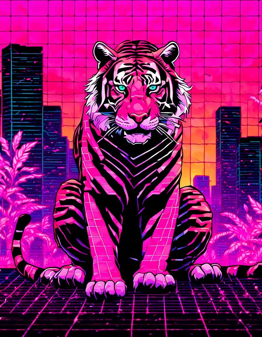 Vaporwave Tiger in Cyberpunk Neon Cityscape
