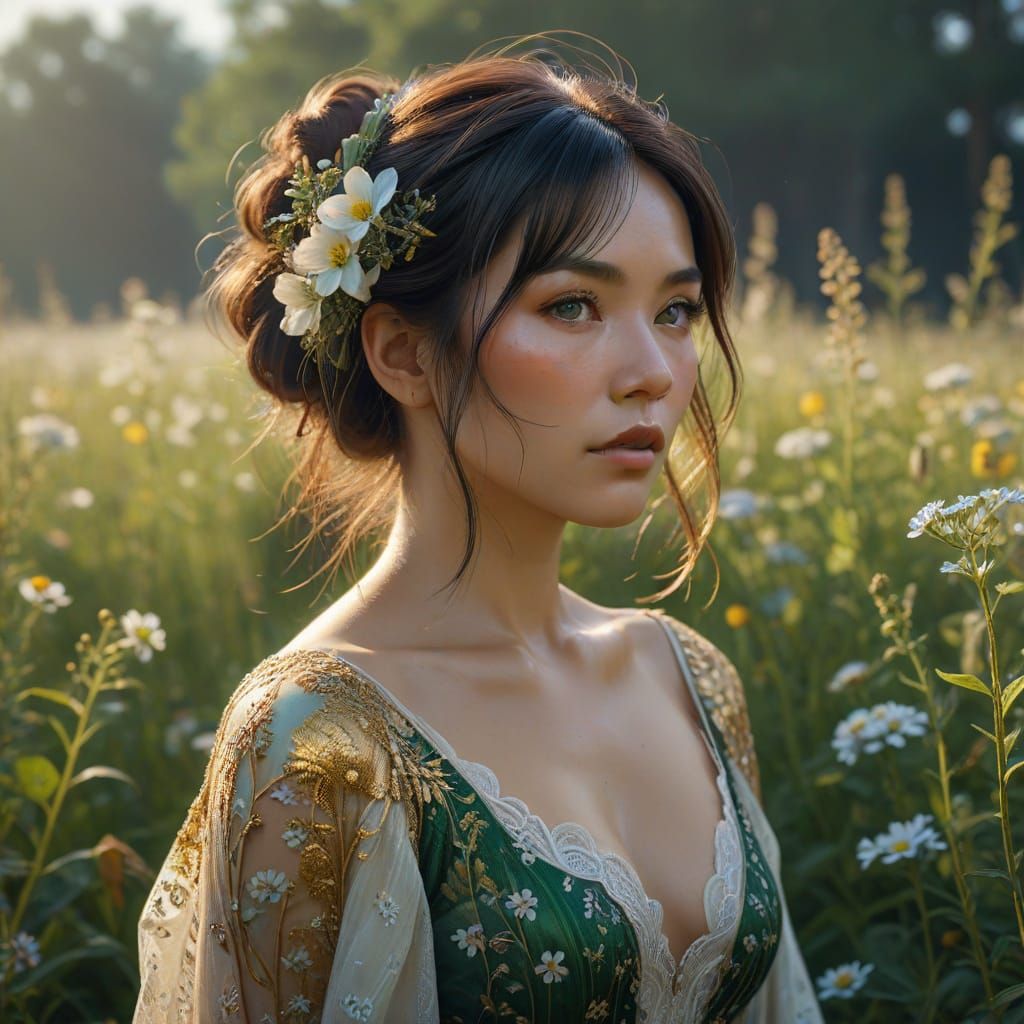 Japanese Woman in Wildflower Field