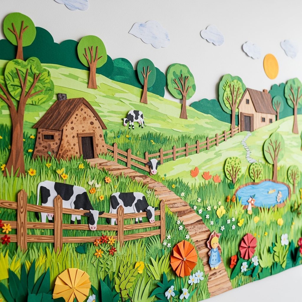 Whimsical Paper Collage of Cows Grazing