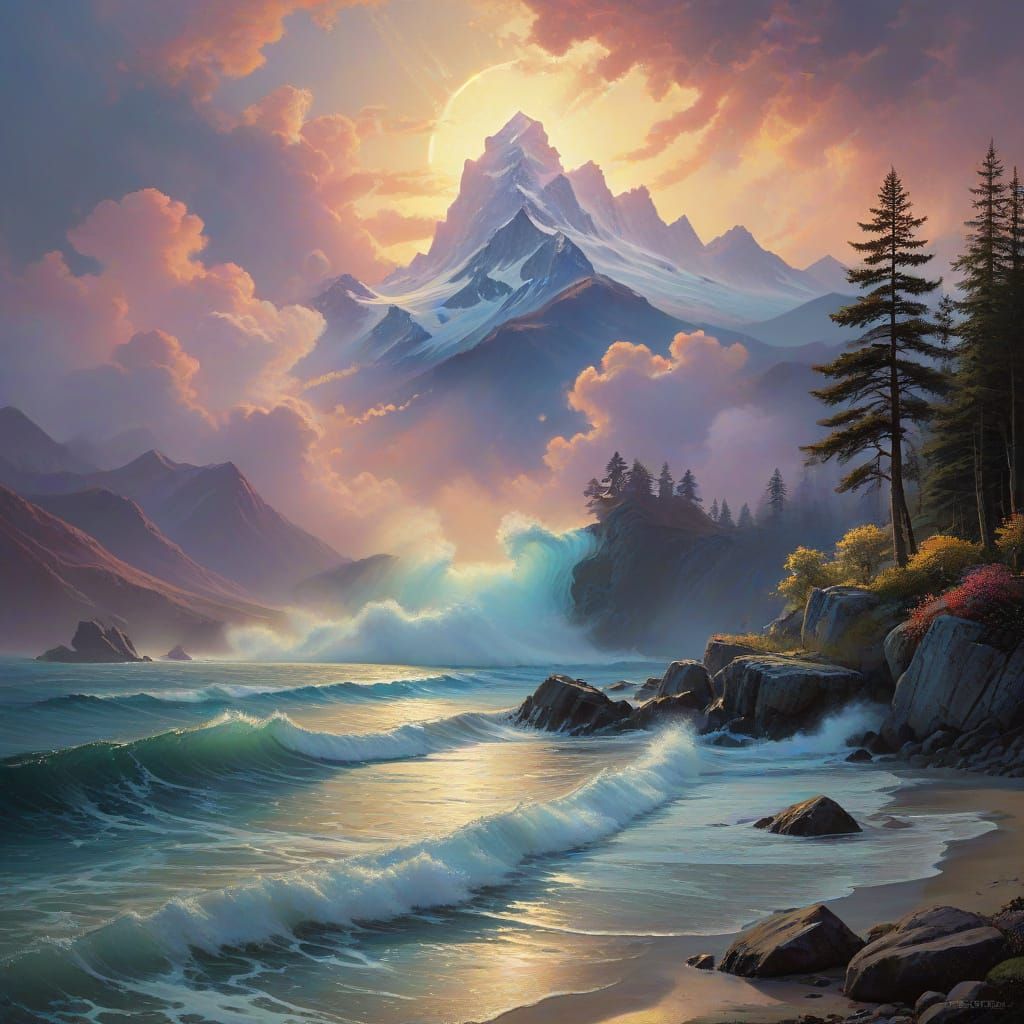 Ethereal Ocean Paradise with Majestic Mountains