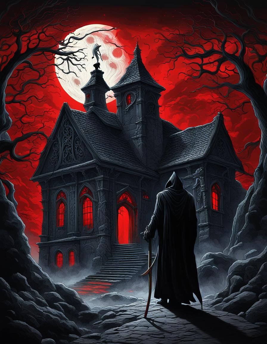 Grim Reaper at Gothic House in Moonlight
