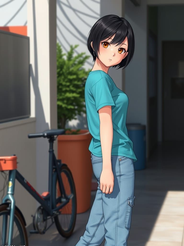 Pretty Woman in Teal Shirt: Anime Key Visual