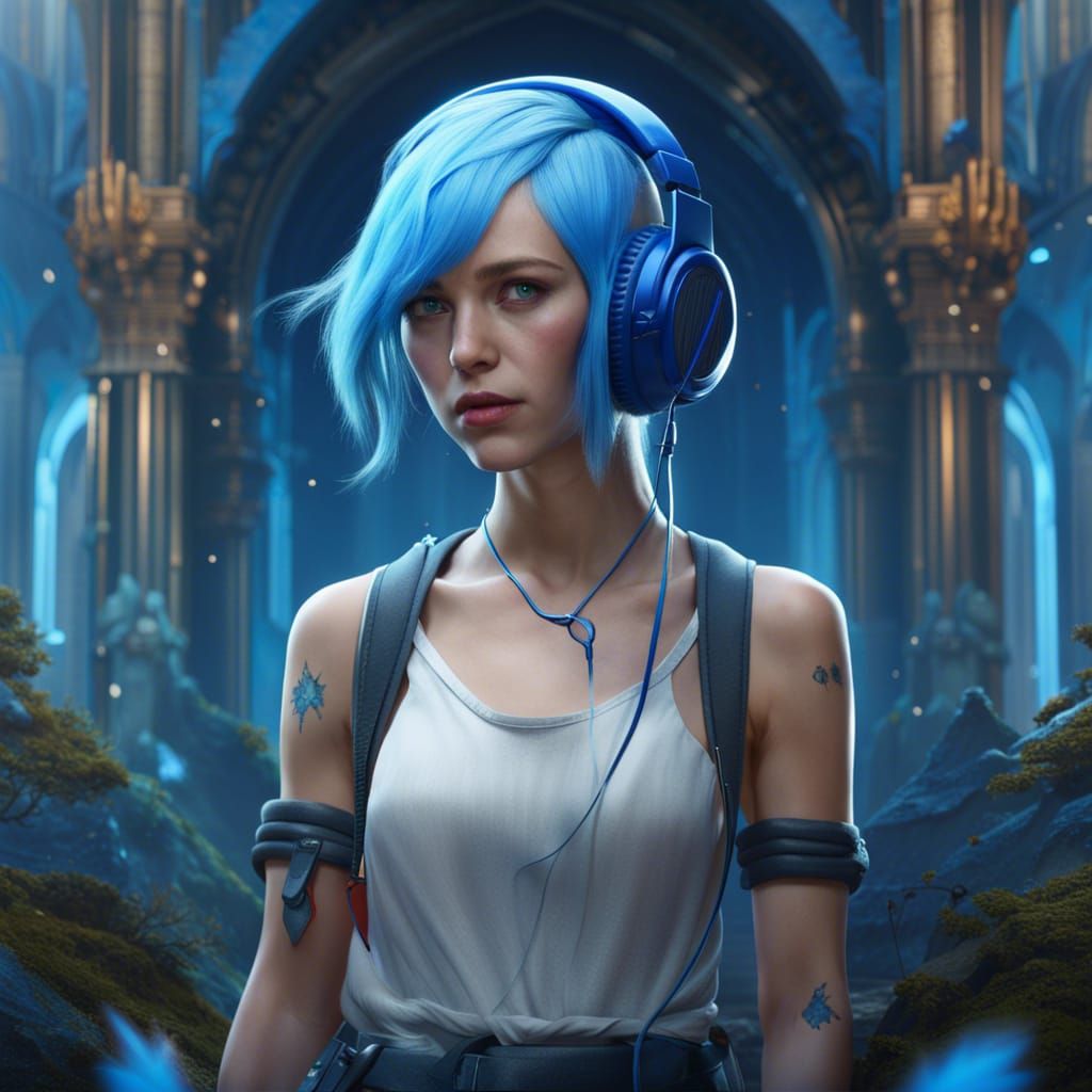Blue-Haired Figure with Headphones, Detailed Digital Art