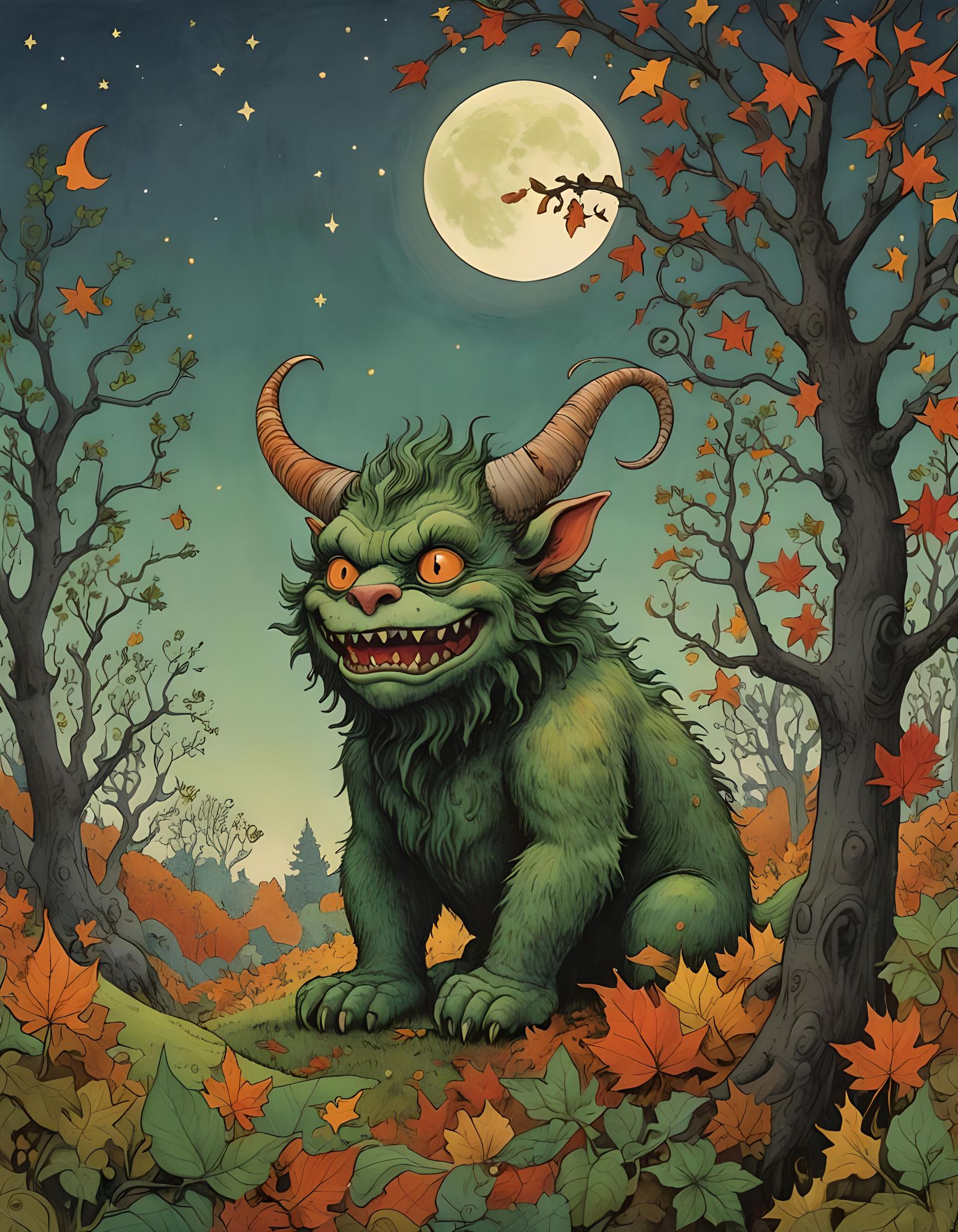 Whimsical Monster on Green Hill at Dusk