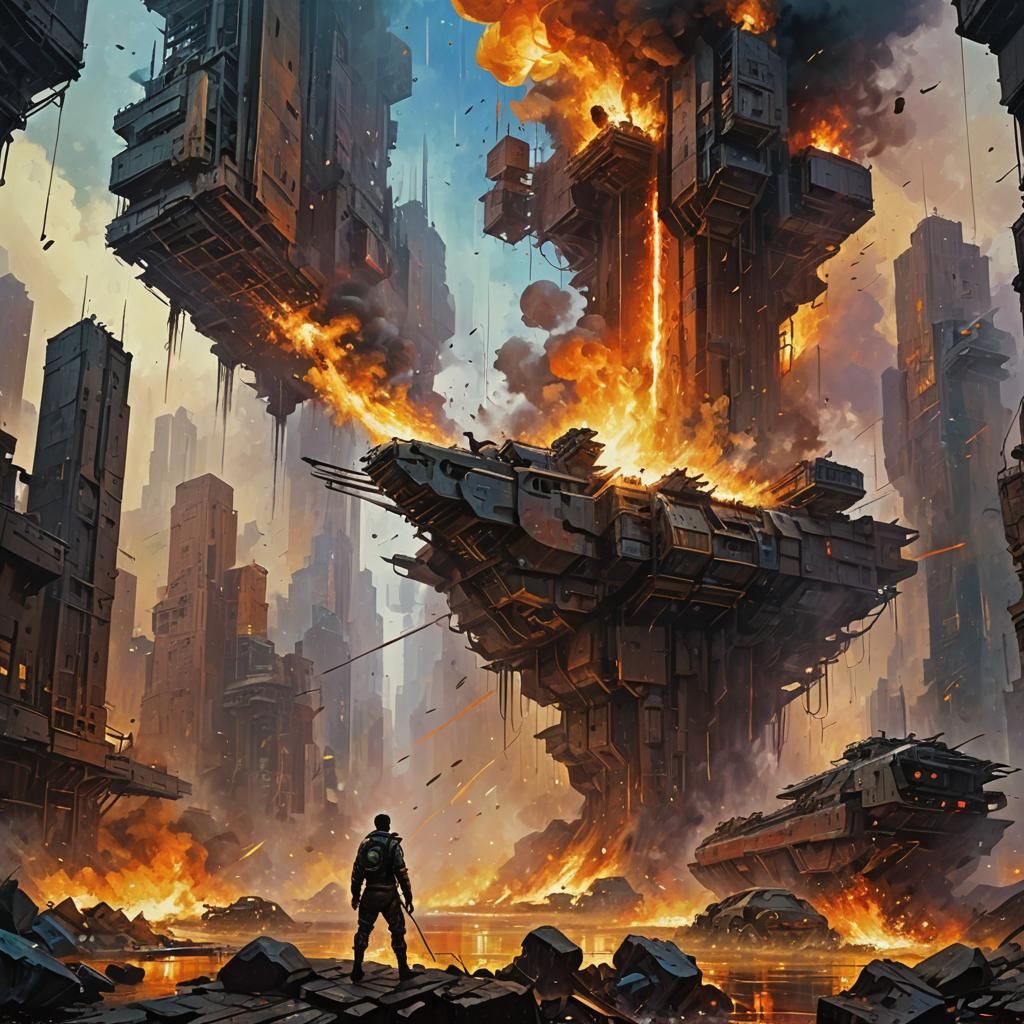 Dystopian Sci-Fi Combat in Hyperrealistic Splash Art