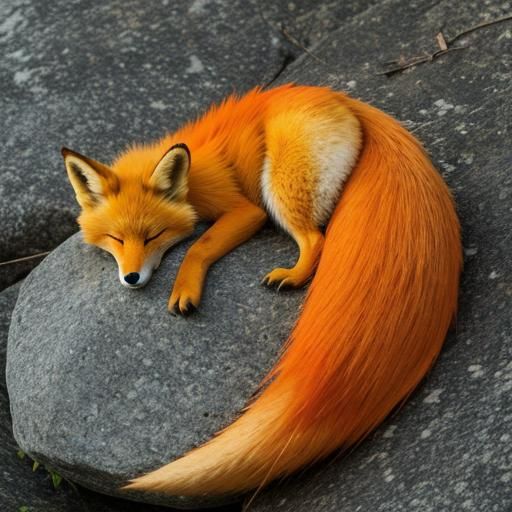 Orange Nine-Tailed Fox Sleeping on Rock