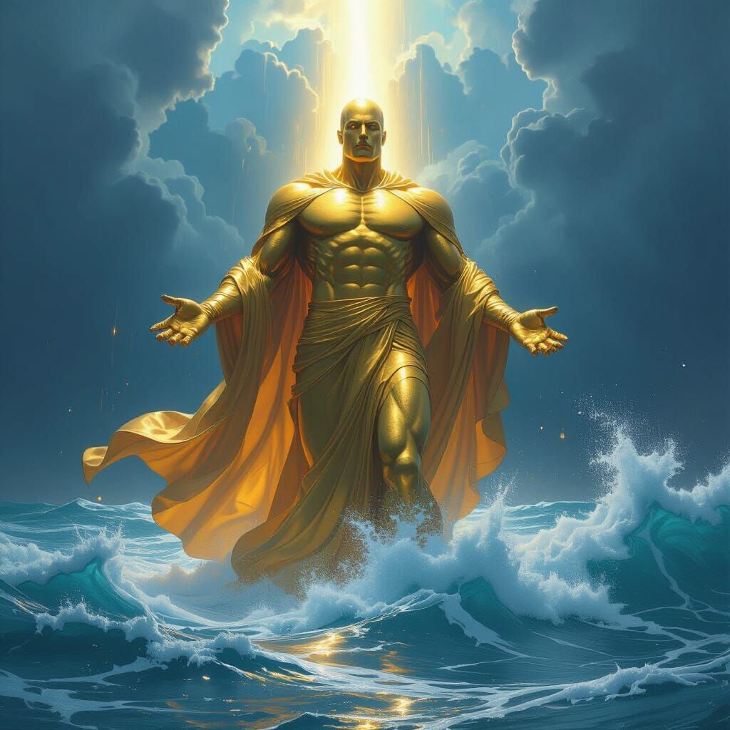 Radiant Golden Giant Calms Stormy Sea in Hyperrealism