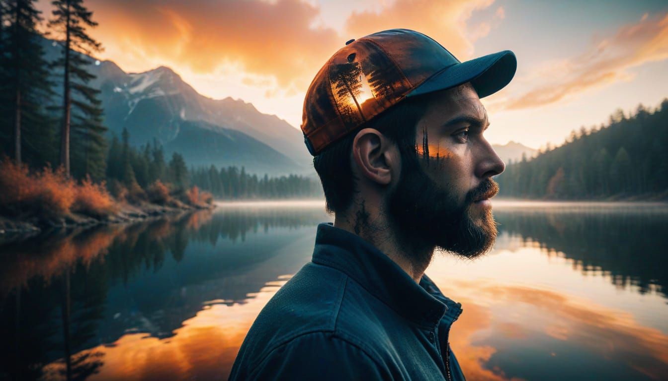 Hyperrealistic Double Exposure Portrait of a Man in Nature