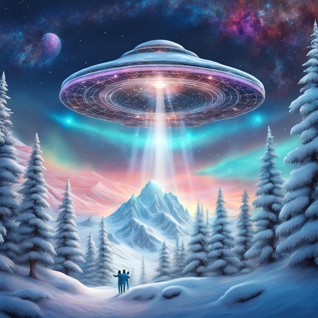 UFO Over Snowy Landscape in Pablo Amaringo Style