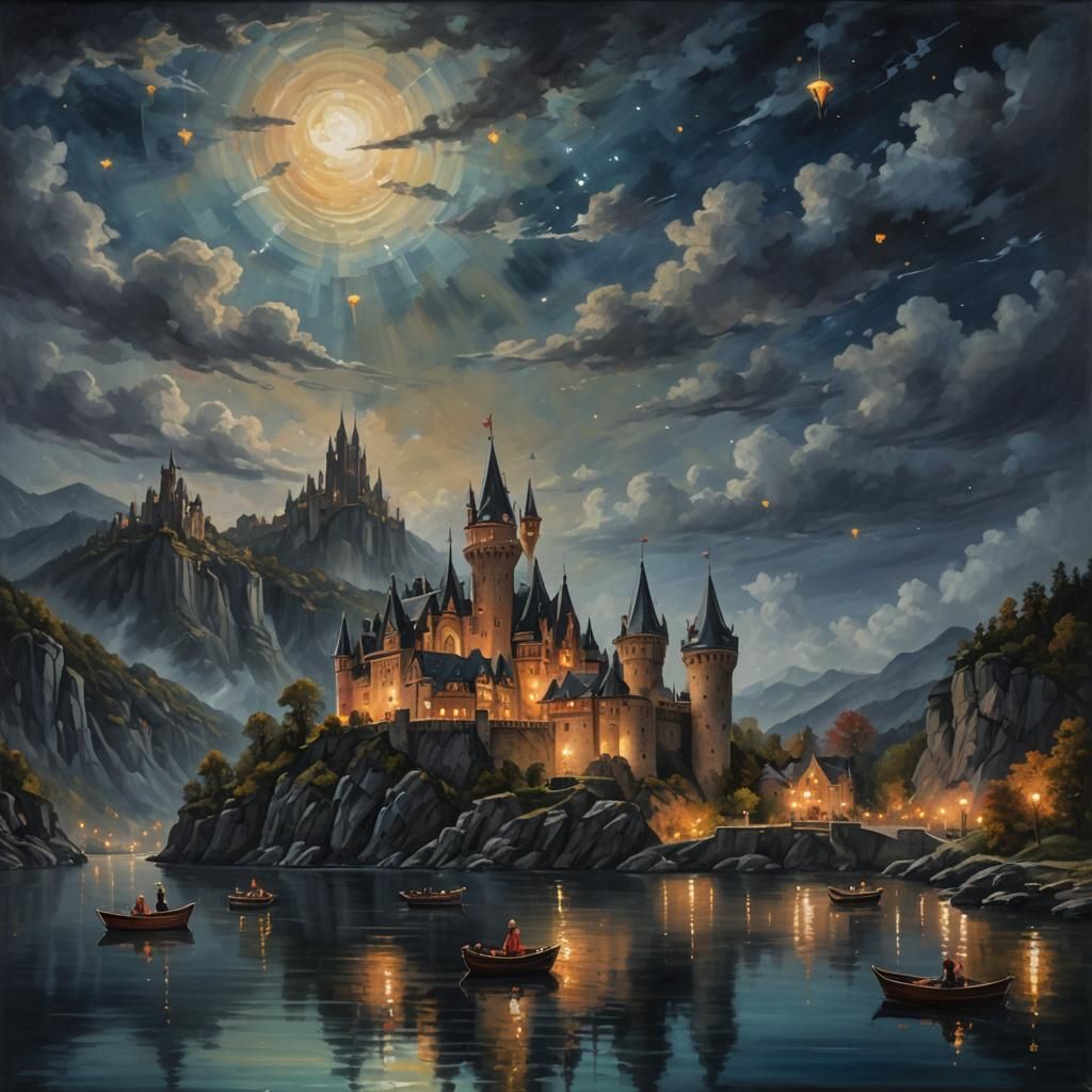 Majestic Castle at Night with Lantern Boats
