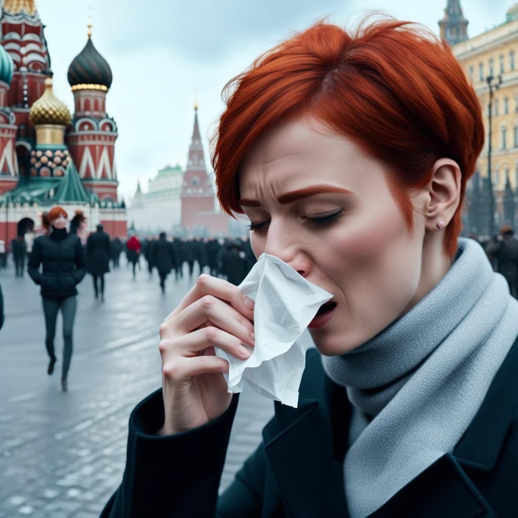 Redhead Girl Sneezing in Moscow: Matte Painting