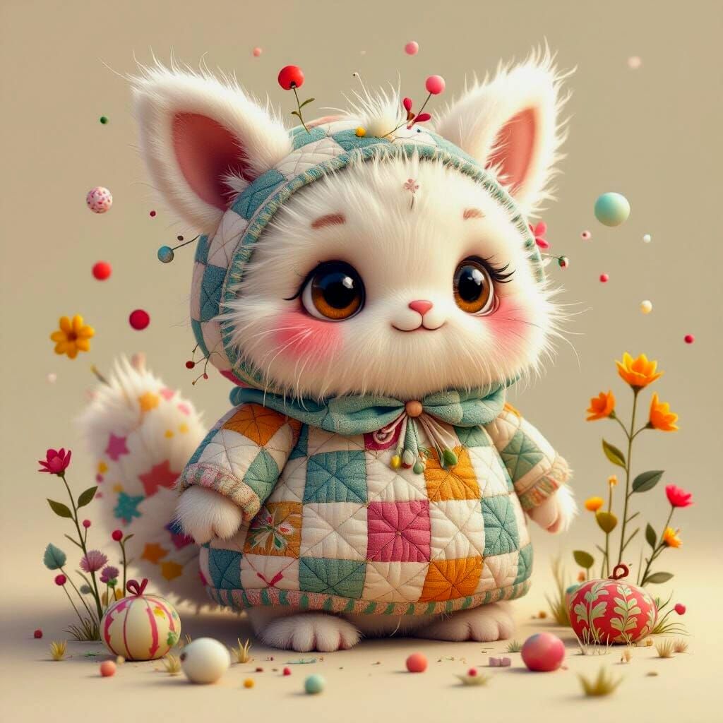 Whimsical Fluffy Creature in Patchwork 3D Style