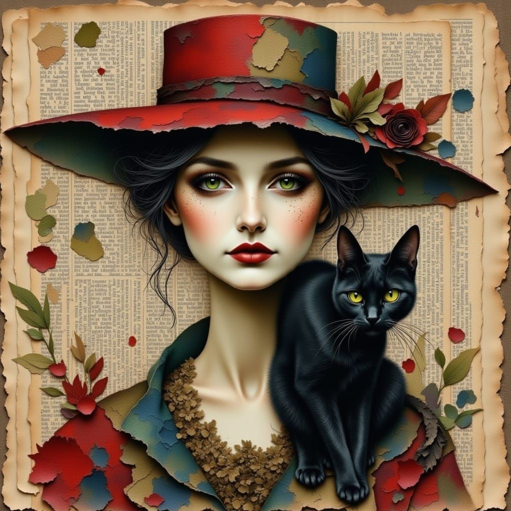 Melancholic Woman with Black Cat in Mixed Media Style