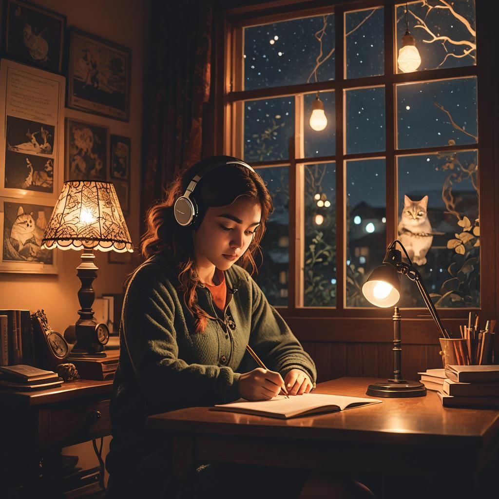 Lofi Girl Studying at Night Under Warm Light