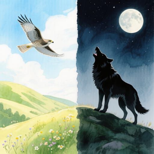 Watercolor Hawk and Wolf Split Image