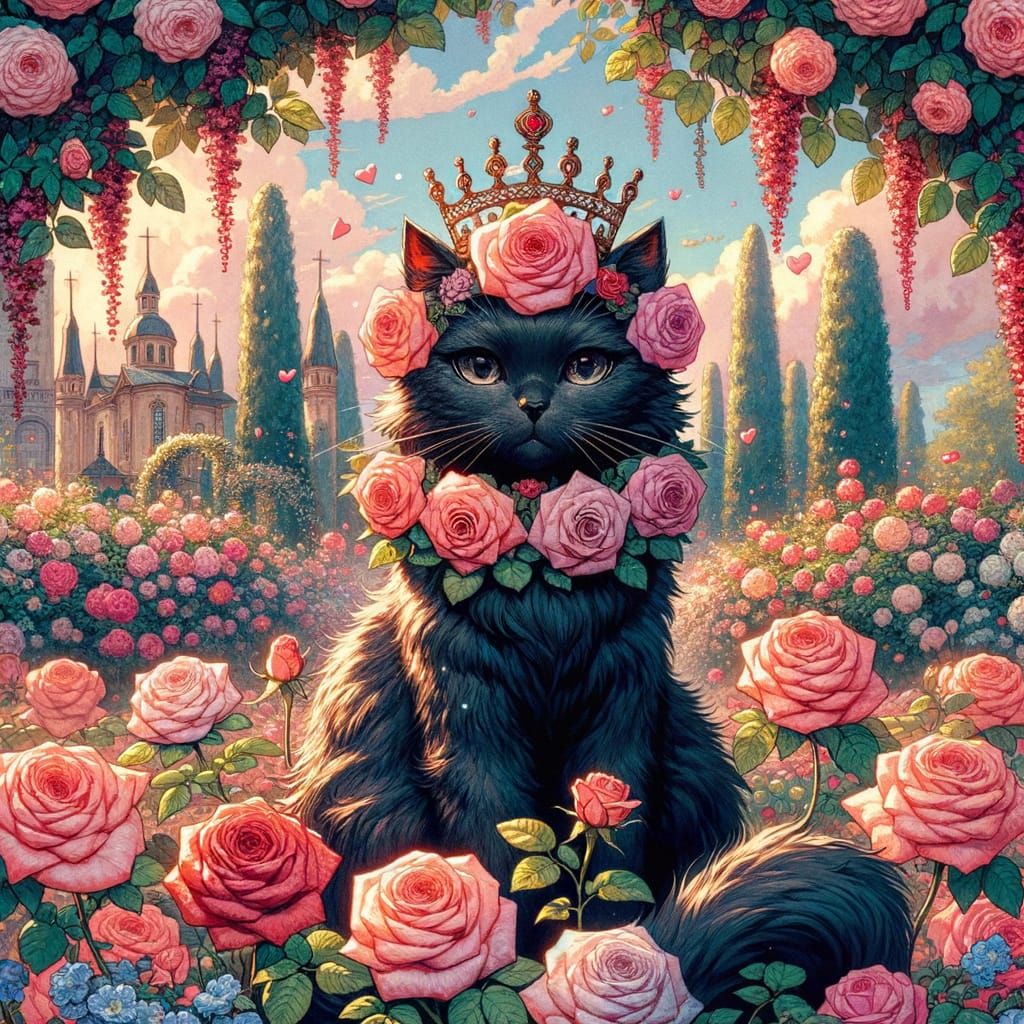 Whimsical Black Cat Crowned with Roses in Garden