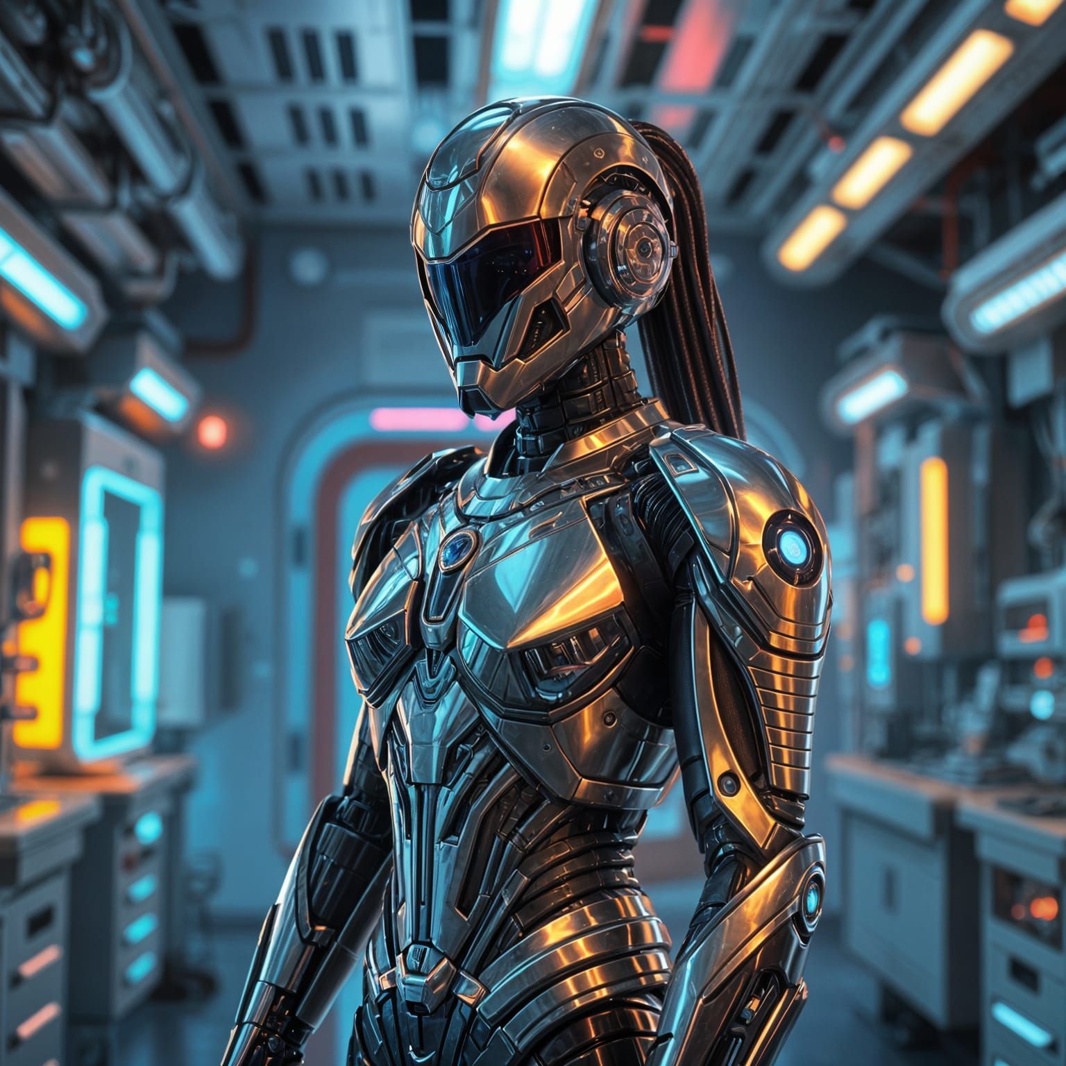 Gynoid in Laboratory: Vibrant Sci-Fi Digital Art