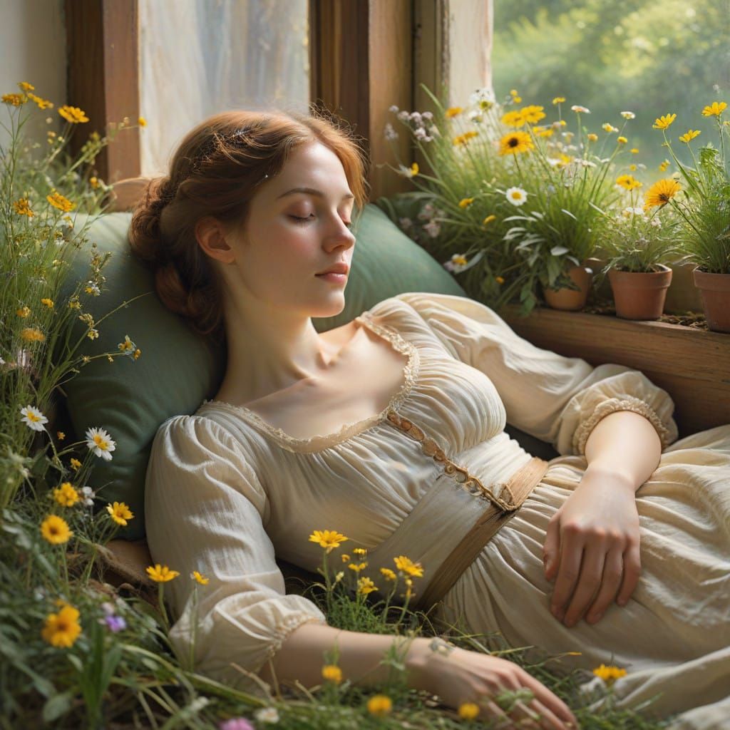 Peaceful Woman Soaked in Warm Golden Light on a Lush Green M...