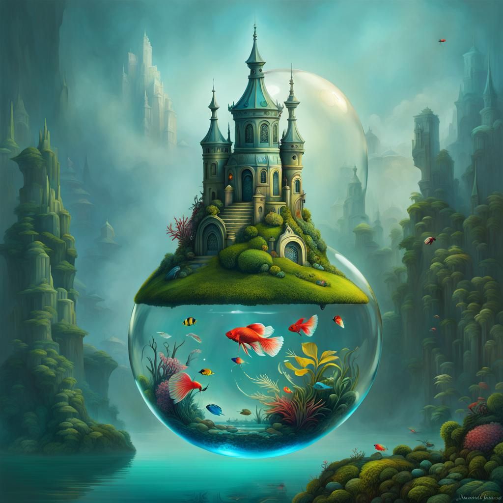 Fairy House and Betta Fish in Surreal Bubble