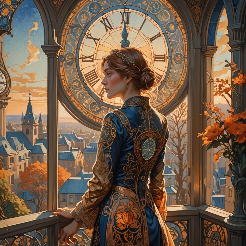 Art Nouveau Woman Gazing at Cityscape with Clock Tower