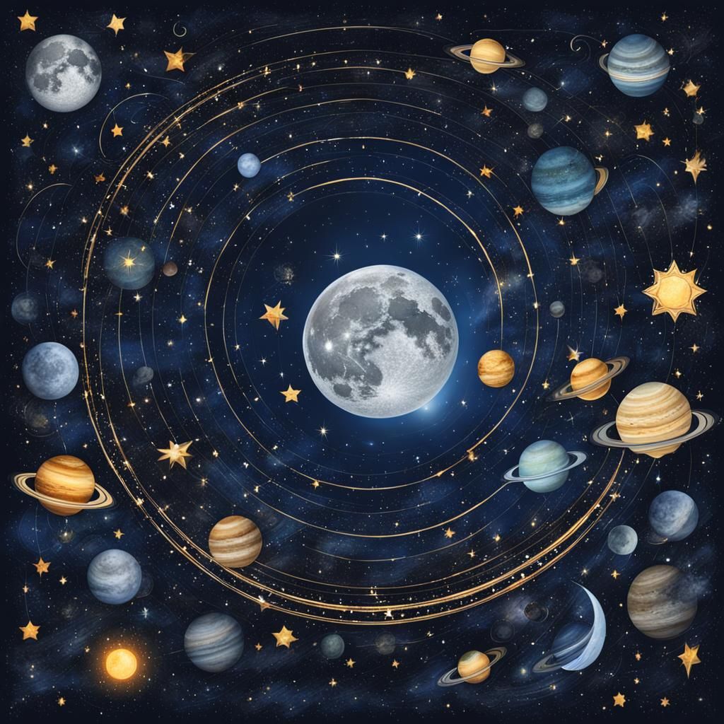 Celestial Night Sky Portrait with Moon and Planets
