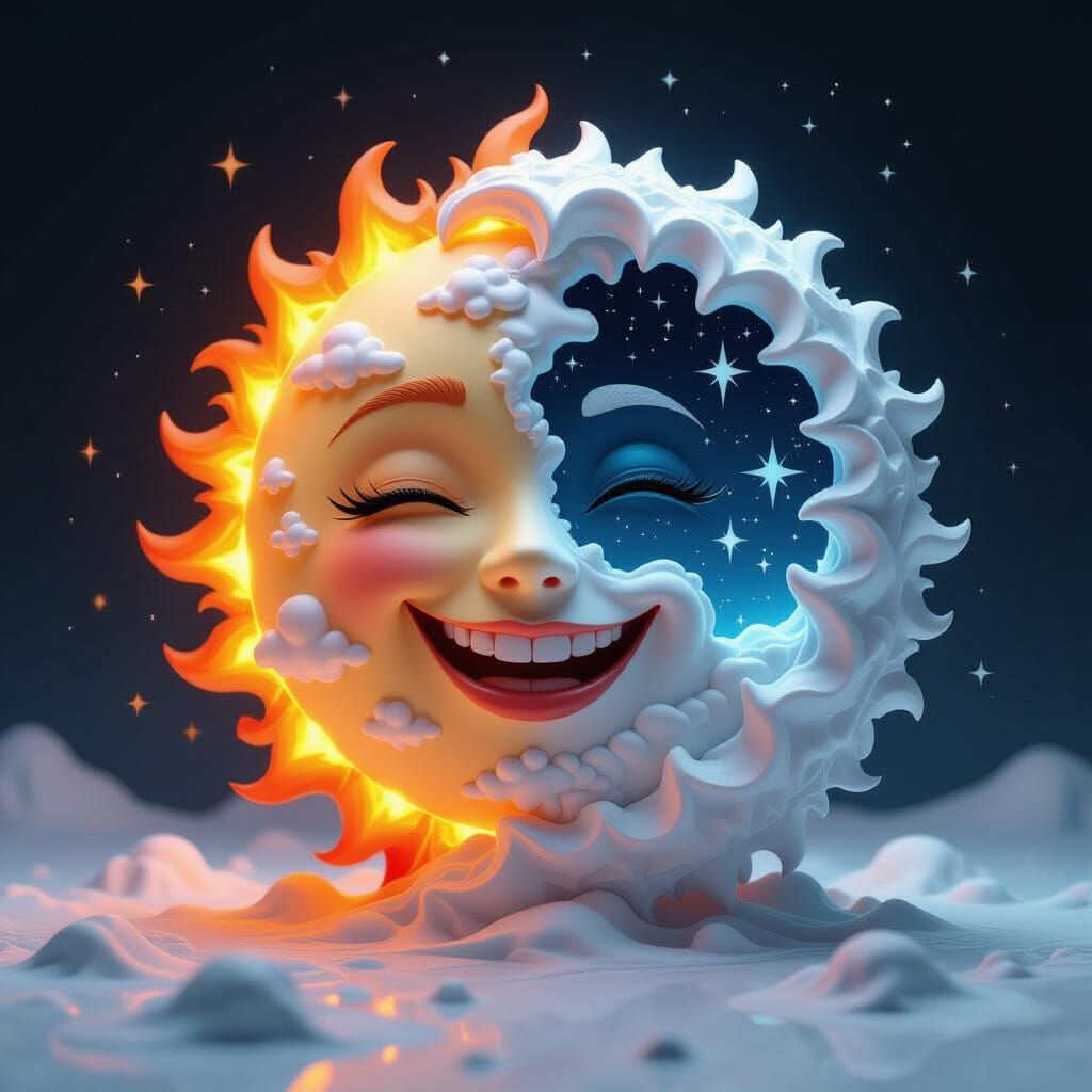 Fiery Sun and Icy Moon in Detailed 3D Render